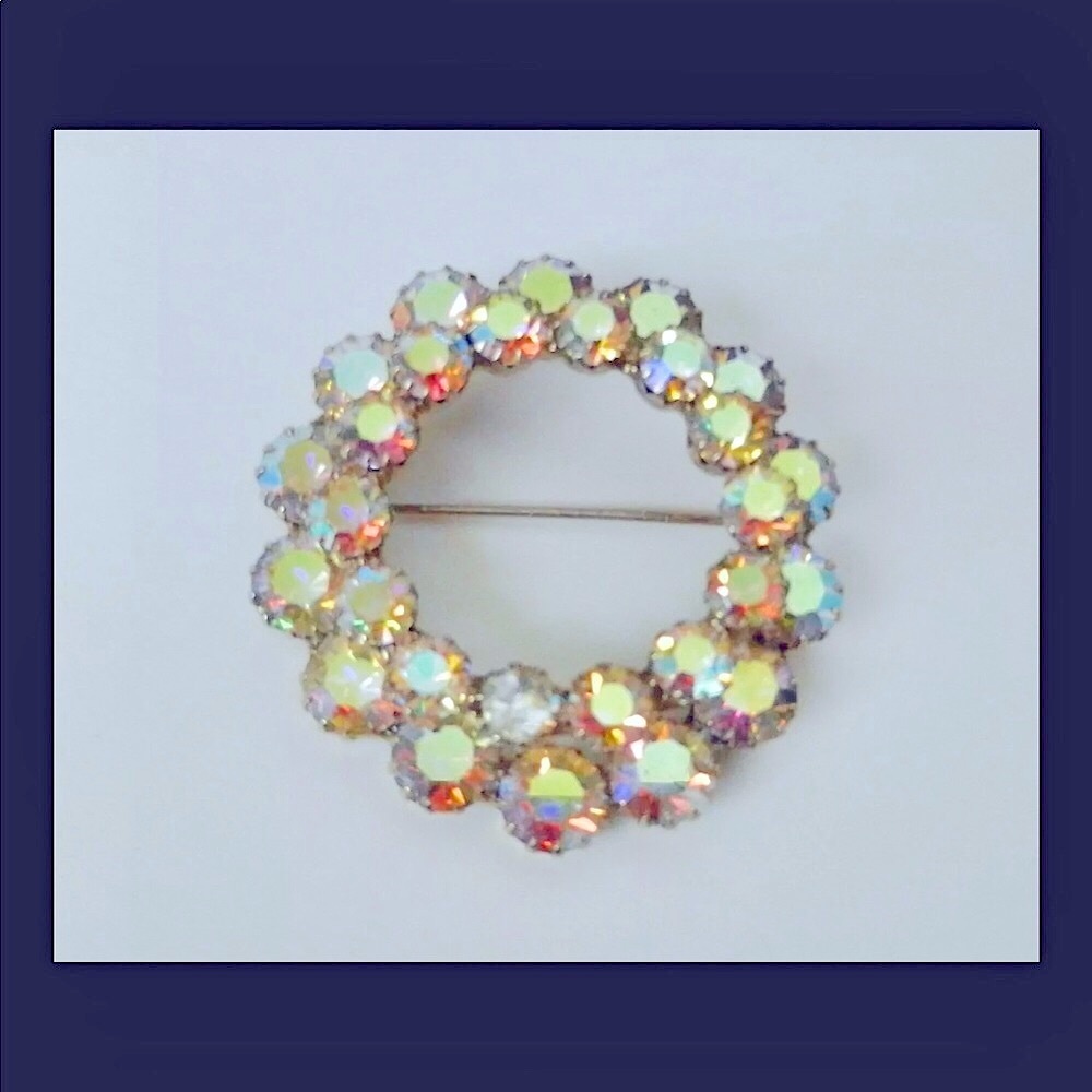 Vintage Aurora Borealis Rhinestone Brooch Pin, Vintage Costume Jewelry